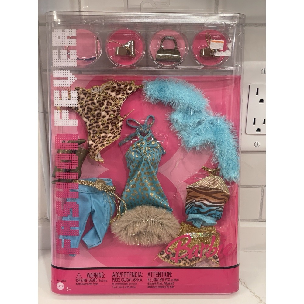 Vintage Y2K Barbie Fashion Fever Outfits Turquoise Animal Print Dress J1375 2005